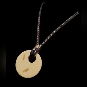 Braided Black Leather and Cream Doughnut Pendant Necklace